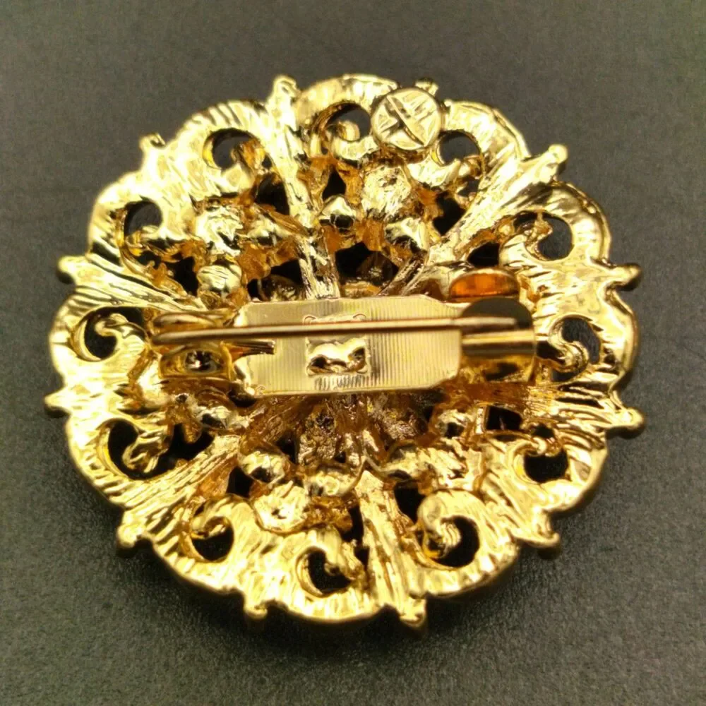 Vintage Style Gold Tone Amethyst Purple & AB Rhinestone Floral Brooch Pin